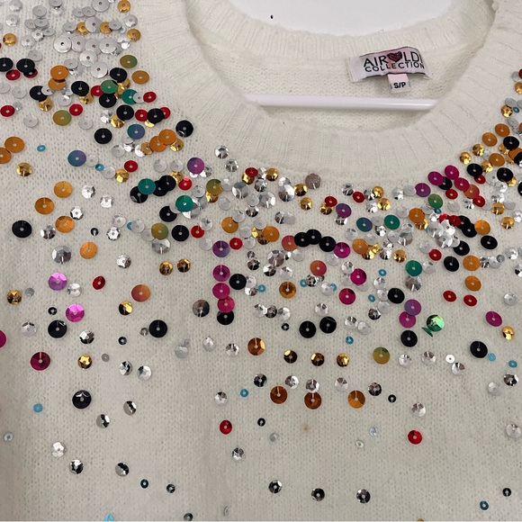 Colorful Sequin Embellished White Sweater by designer Airoldi - Picture 3 of 14